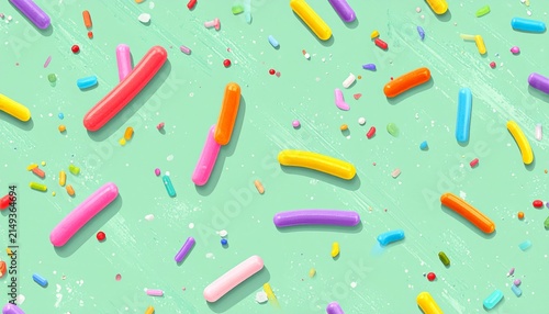 Colorful Sprinkles Pattern Artwork Playful Cylindrical Shapes Light Green Background Abstract Candy Design Whimsical Decorative Inspiration
