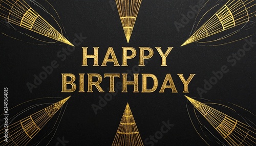 HAPPY BIRTHDAY Decorative Artwork Gold Typography Dark Background Geometric Patterns Elegant Celebration Greeting Card Design Festive Inspiration