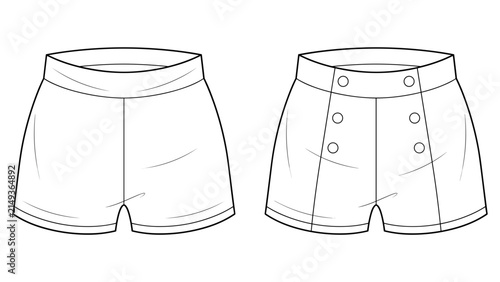 Sailor Button Front Shorts Flat Technical Drawing Illustration Front and Back View High Rise Classic Mock-up Template for Design and Tech Packs CAD Apparel