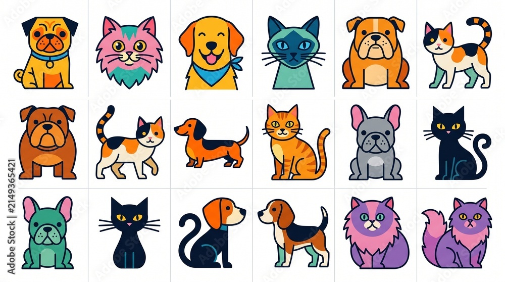 Obraz premium Retro Inspired Pet Icon Set Featuring Various Dog and Cat Breeds Illustration