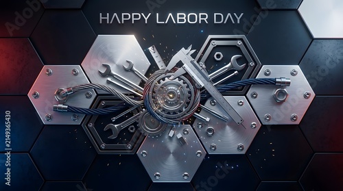 Happy labor day futuristic hexagon background with mechanical gears and industrial design elements