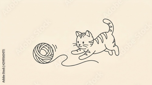 Playful Kitten Chasing Yarn Ball Illustration in Minimalist Line Art Style