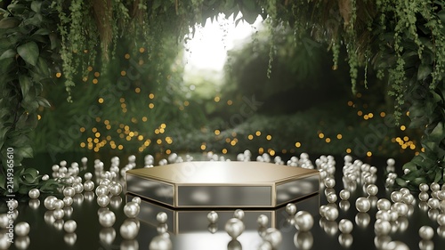 Hexagonal Gold Pedestal Display Surrounded by Floating Pearls in a Lush Enchanted Forest Clearing