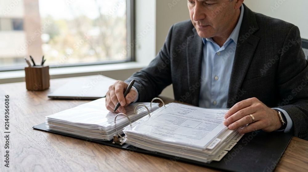 Fototapeta premium Quality assurance manager reviewing a supplier's material safety certification binder at a desk. Stock Photo for Quality Control & Factory Audit