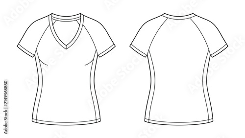 Womens short sleeve raglan v neck t-shirt front and back view flat sketch vector illustration technical cad drawing template