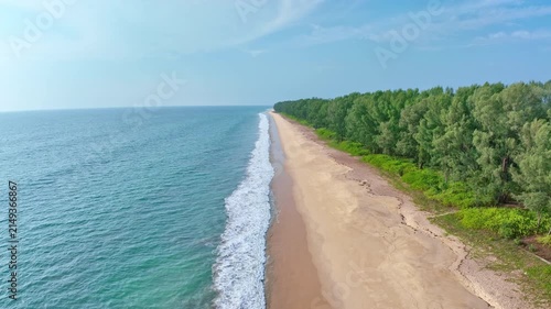 Beautiful sea summer landscape, Waves sea water surface High quality video Bird's eye view, Drone top view waves crashing on sand beach,Nature ocean sea beach background