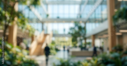 Fully blurred sustainable office lobby with abstract greenery, elegant reception forms and soft business silhouettes. Premium eco inspired commercial background for branding and marketing.