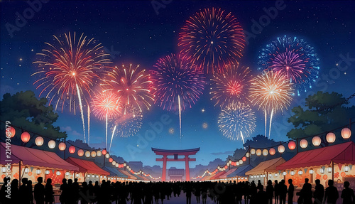 満天の星空と色鮮やかな花火が打ち上がる夜空の下、鳥居へと続く参道と屋台、夏祭りに賑わう人々のシルエット　Summer Festival Fireworks Night Scene with Shrine Torii Gate, Food Stalls, Lanterns, and Crowds of Silhouettes