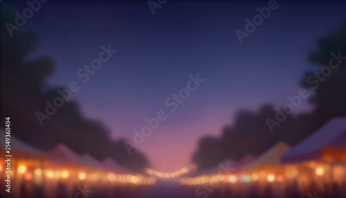 夕暮れの空の下、左右に並ぶ屋台の温かい灯りと美しい玉ボケが広がる夏祭りの夜景イラスト背景　Summer Festival Evening Background with Twilight Sky and Warm Bokeh Lights from Food Stalls
