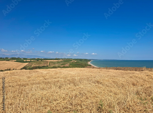 View of cultivated fields and stubble in summer in the Punta Aderci Nature Reserve in Abruzzo