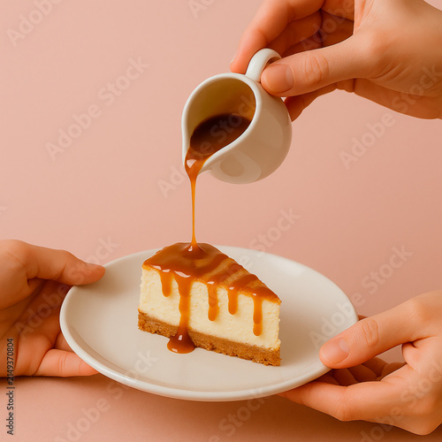 Pouring Caramel Sauce on Cheesecake Slice Held by Hands