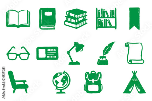 Green hand drawn study reading elements and cozy furniture clipart set isolated on transparent background