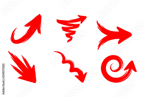 Red hand drawn abstract swirl and split directional arrows bundle isolated on transparent background