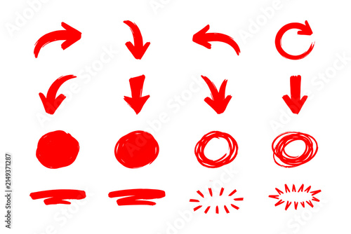 Red hand drawn brush circle frames underlines and directional arrow collection isolated on transparent background