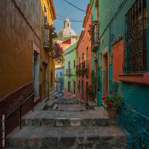 Colorful narrow street with historic church in European town.