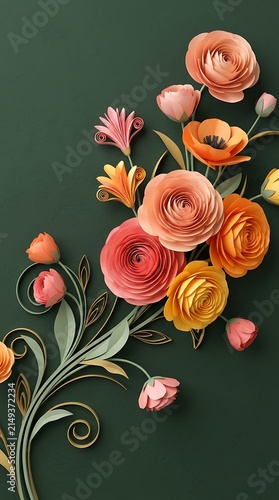 Colorful Paper Flowers on Dark Background.