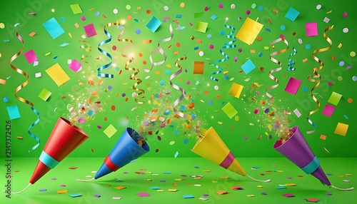 Colorful Party Poppers with Confetti on Green Background.