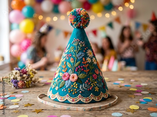 Colorful Party Hat Cake on Celebration Table.