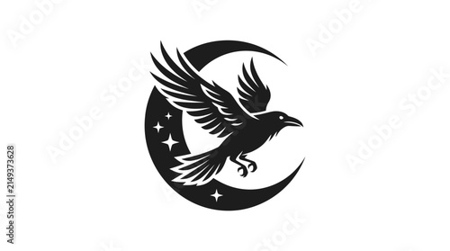 Dark fantasy raven emblem with crescent moon and stars. Black bird silhouette logo design. Vintage vector symbol for tattoo, band merchandise, and book cover art template. BACK TO SCHOOL