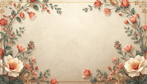 Romantic Antique Floral Frame Background Featuring Peach Peonies and Decorative Botanical Border on Vintage Textured Paper