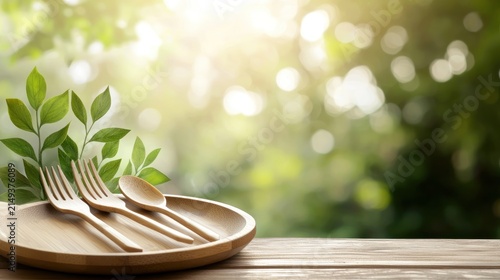 Wooden plate with fork and spoon