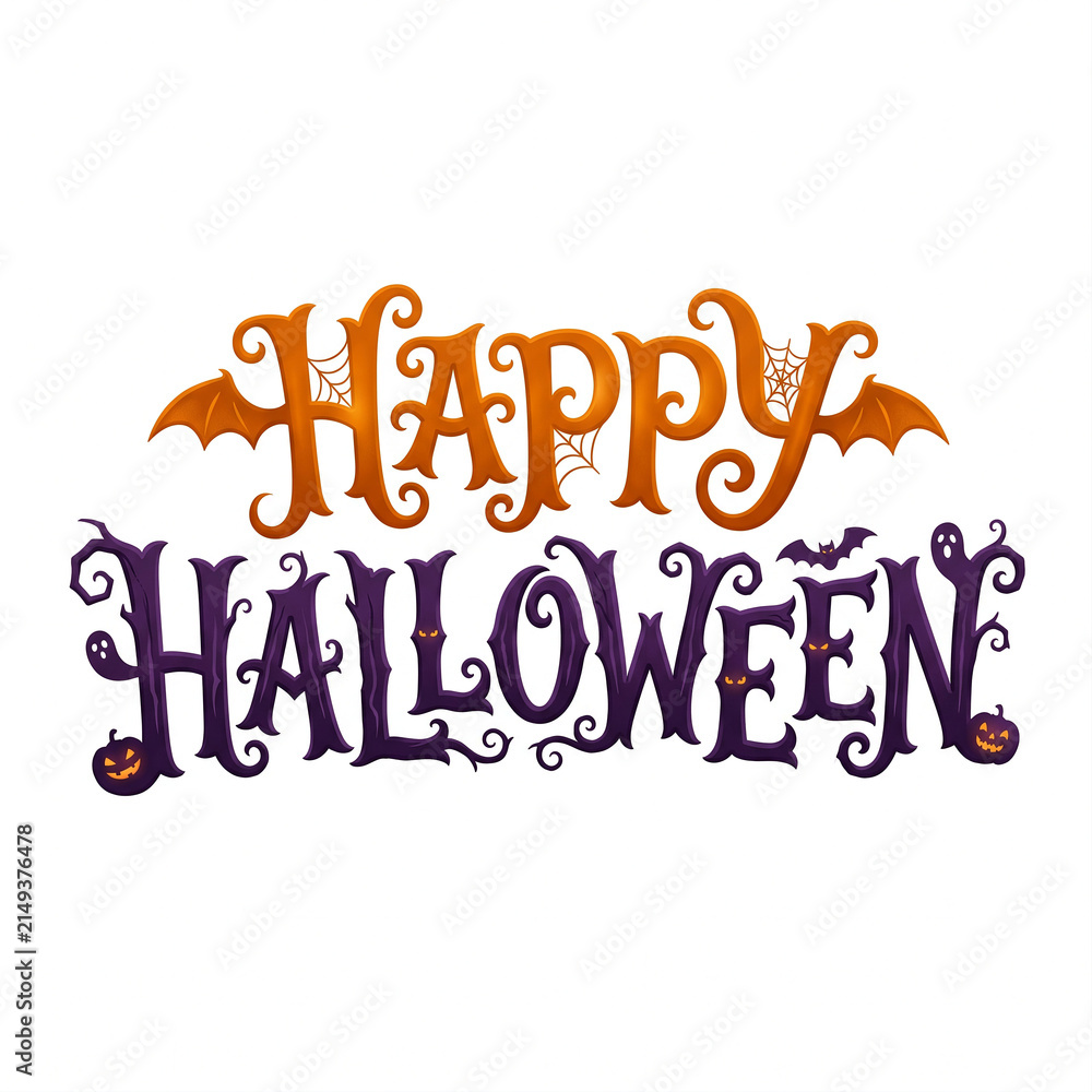 Obraz premium Happy Halloween typography displays festive orange and purple lettering decorated with bats and spooky spider webs.