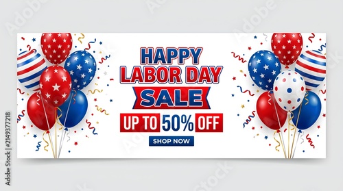 Labor Day sale banner featuring patriotic balloons and confetti on a clean white background.