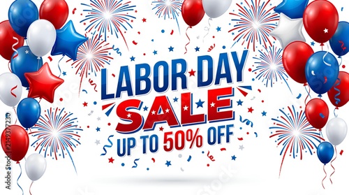 Labor Day Sale graphic with patriotic balloons and fireworks on white background.