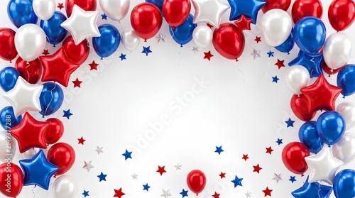 Patriotic balloon frame with red white and blue stars on a white background.