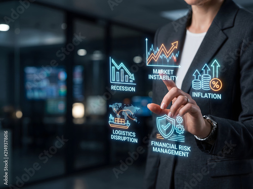 Business Professional Using Futuristic Digital Holographic Interface to Analyze Global Economic Risks Like Recession Inflation and Market Instability