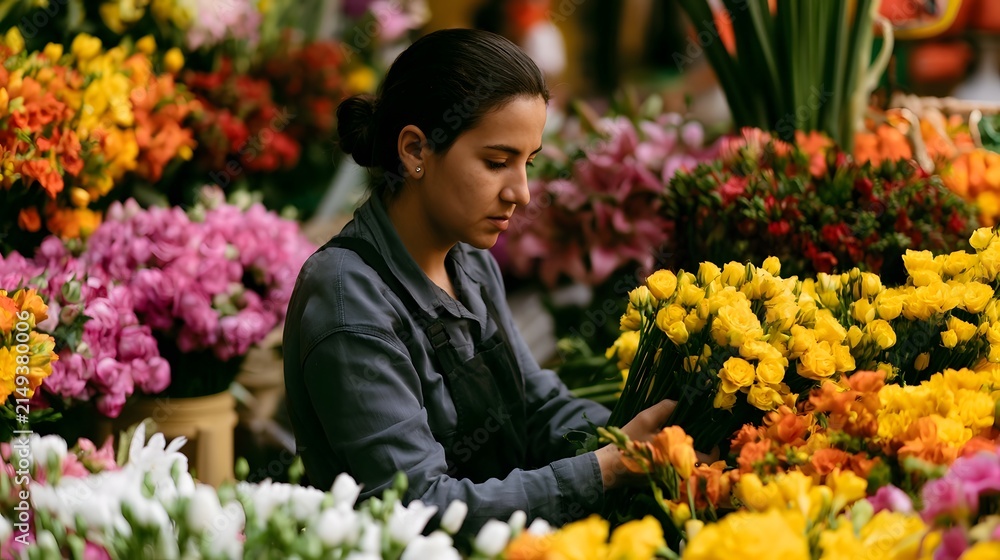 Fototapeta premium A woman carefully arranges vibrant yellow roses and other colorful flowers at a bustling flower market stall