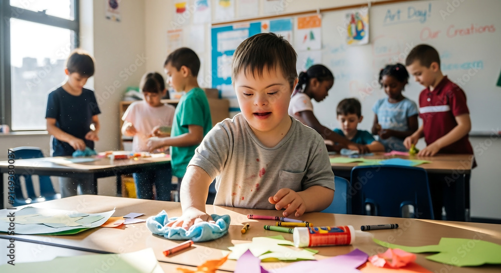 Obraz premium Diverse group of elementary school children, including a boy with Down syndrome, engaged in a creative art project in a bright classroom.