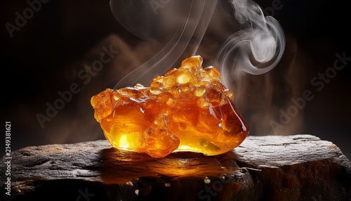 A Lump Of Amber Resin On A Stone With A Wisp Of Smoke Rising