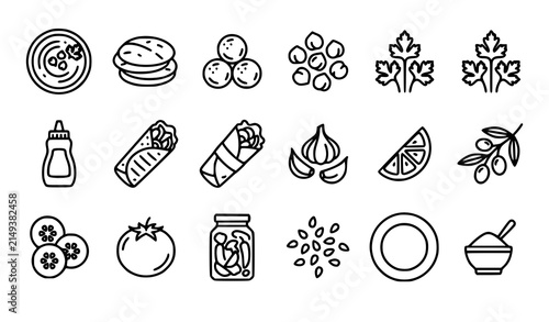 Konstfotografi Dark Green Middle Eastern Cuisine Line Icon Set with Hummus Falafel Pita Tahini