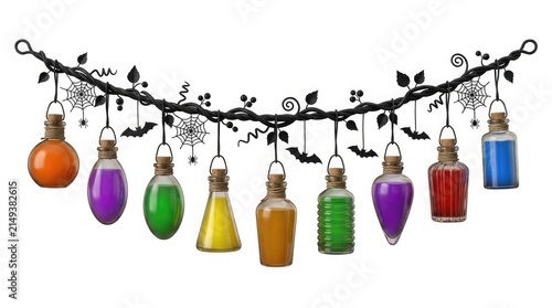 Halloween garland with colorful potion bottles, bats, spider webs and black branches on a white background. Spooky witchcraft, magic, haunted house and festive autumn decoration concept.