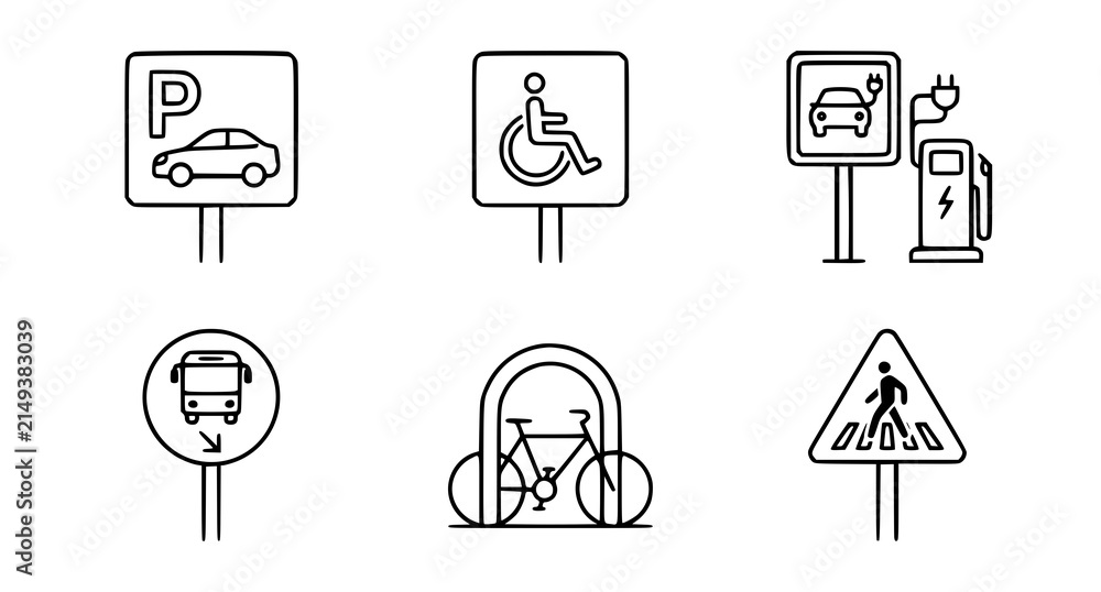Fototapeta premium City Traffic and Parking Road Sign Icon Set with Electric Vehicle Charging Station, Disability Accessible Mark, Bus Lane, Bike Rack, and Crosswalk Line Art Vecto