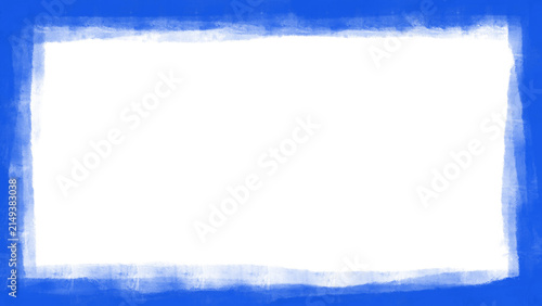 Grunge border frame features blue paint brush stroke edge texture on blank white background layout. Vibrant vignetting decorative frame for photo poster banner design clip art.