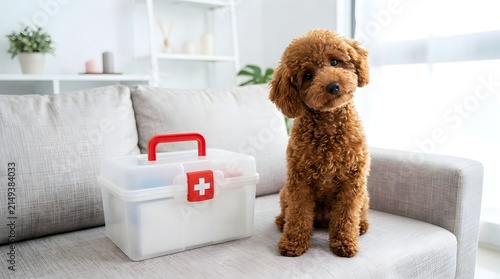 Adorable brown poodle dog sitting beside a first aid kit on a couch, pet health and safety concept