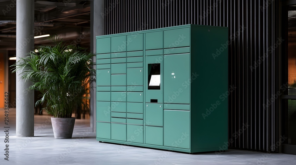 Fototapeta premium Modern green parcel locker unit stands in a spacious indoor area beside a large potted plant and dark vertical wall paneling