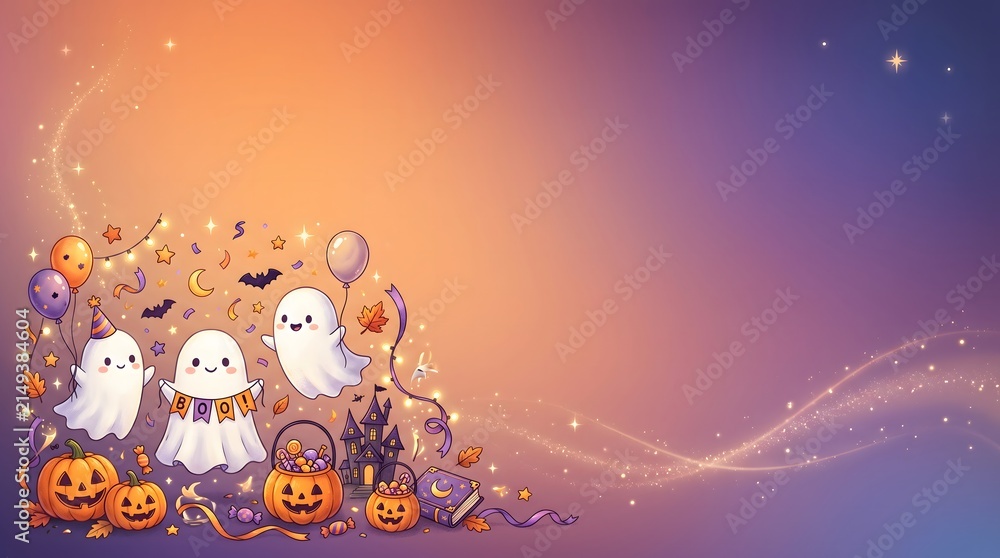 Fototapeta premium Ghosts pumpkins and autumn leaves form a colorful vector illustration with a gradient background Halloween fall