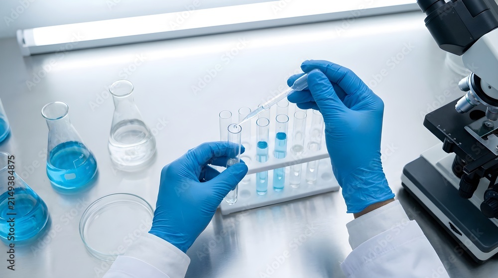 Fototapeta premium Scientist in Blue Gloves Using Pipette to Transfer Liquid into Test Tubes in Medical Laboratory
