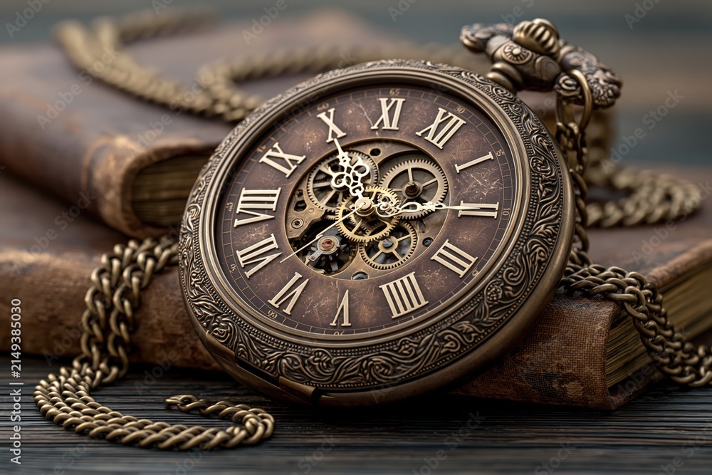 Obraz premium Antique pocket watch with gears and vintage books for history theme