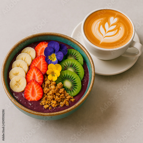 Acai Bowl with Fresh Fruits and Latte Coffee
