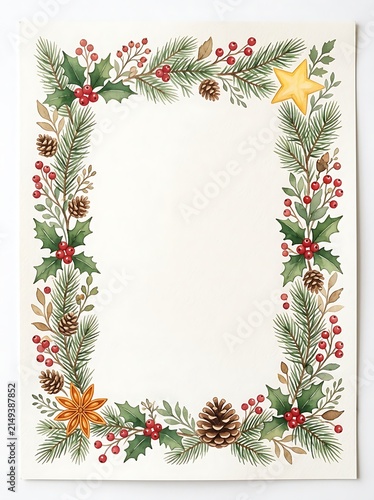 Watercolor border frame with pine branches, holly berries, pinecones, and a yellow star on a cream background