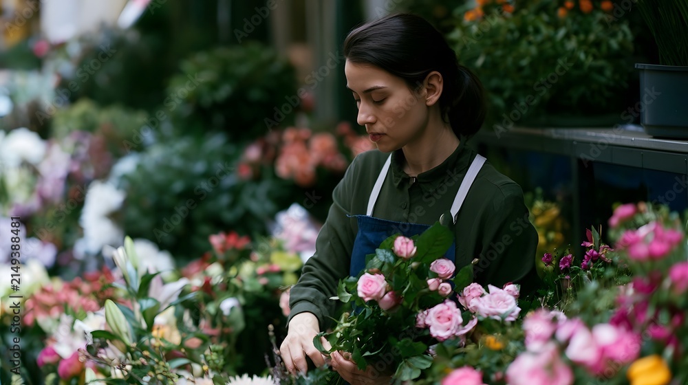 Fototapeta premium A woman carefully arranges pink roses among colorful flowers at a vibrant flower stall in soft natural light