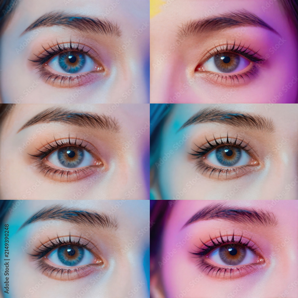 Fototapeta premium Vaporwave Collage Face. Collage Of Close-Up Eyes On Neon Striped Background