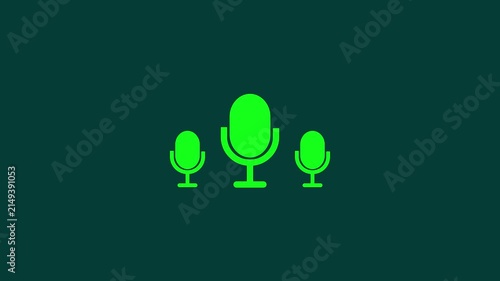 Minimalist podcast microphone animation, green studio recording equipment symbol on dark background audio