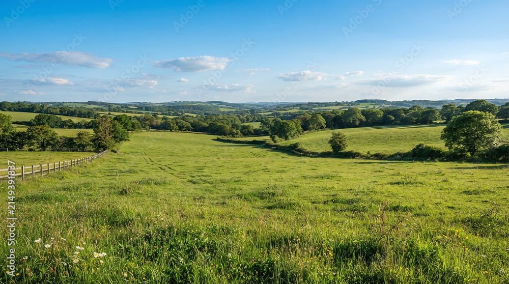 Obraz premium A serene view of lush green rolling hills and meadows under a bright blue sky on a warm summer day in the English countryside