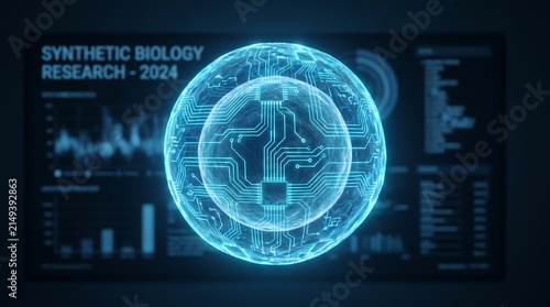 Synthetic biology research visualization with glowing cyan biological cell integrated with circuit board on digital interface HUD