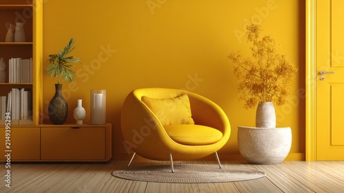 Modern interior design yellow chair and decorative elements